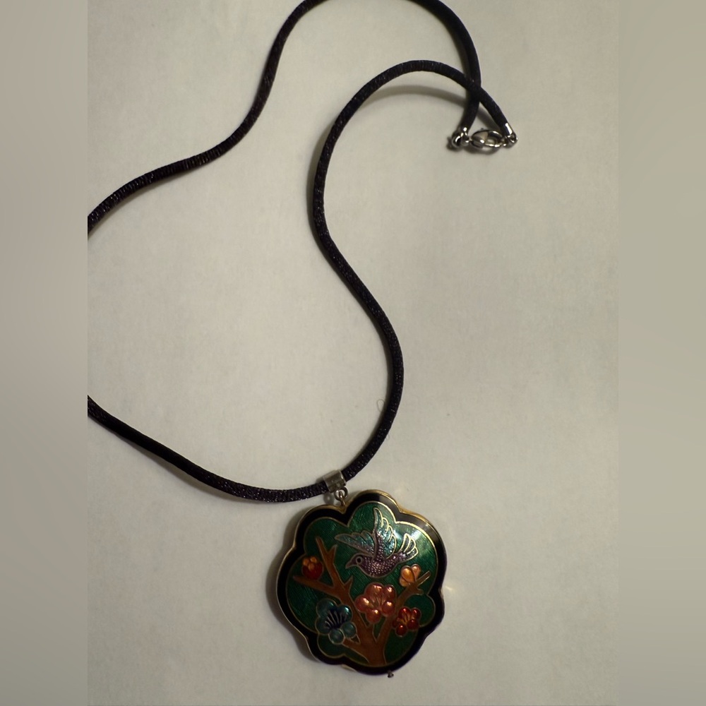 Vintage Cloisonné Double Sided Shaped Necklace bird -Flowers